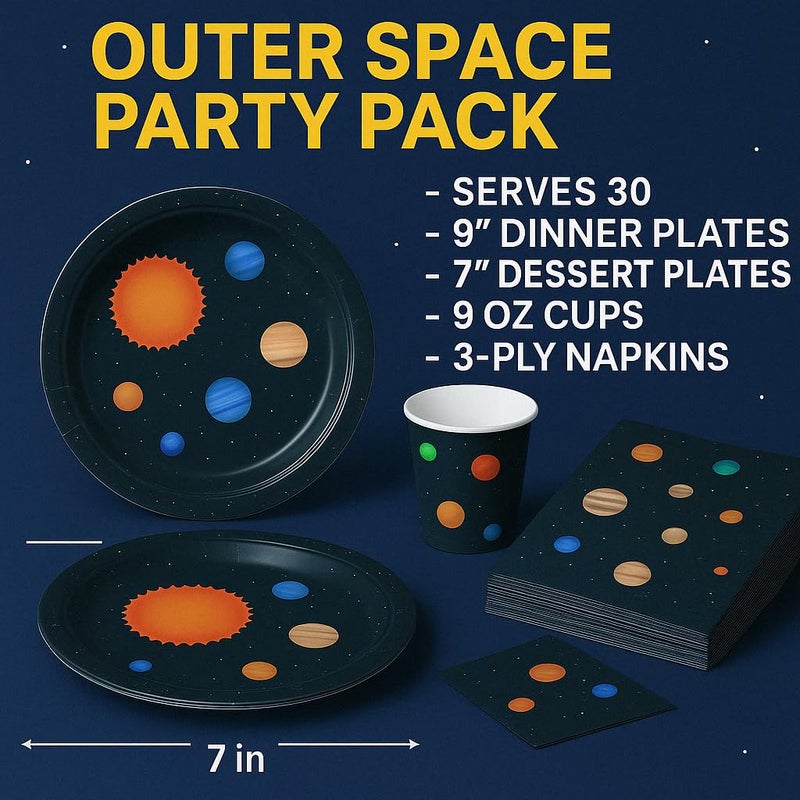 Oojami Outer Space Birthday Party Pack Outer Space 9" Dinner Paper Plates 7" Dessert Paper Plates 9 oz Cups 3 Ply Napkins Outer Space Party Theme - Image 2